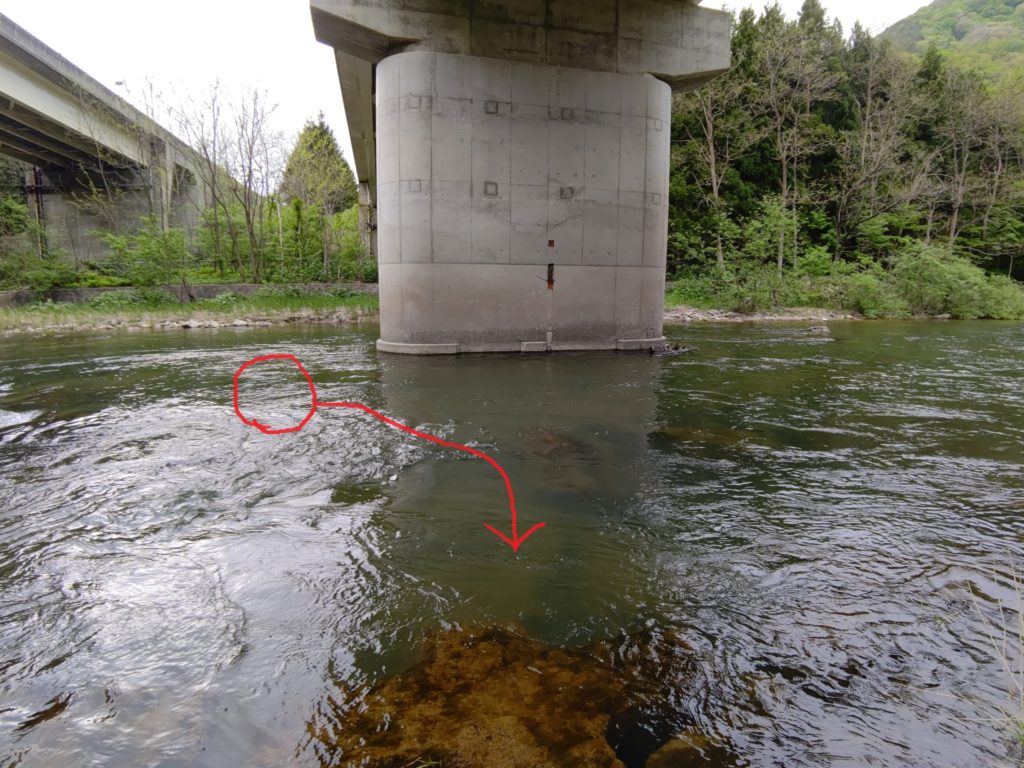 橋の下の本流での岩魚ヒットコース